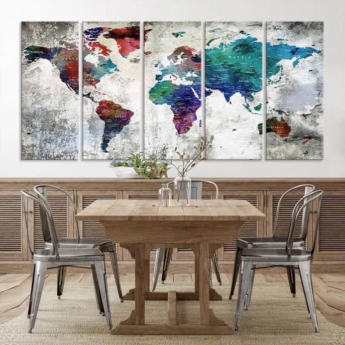 The "World Map Wall Art Canvas Print," a stunning three-panel abstract world map artwork, is crafted on museum-quality canvas with a UV-protective coating. Take advantage of free shipping on this elegant piece.