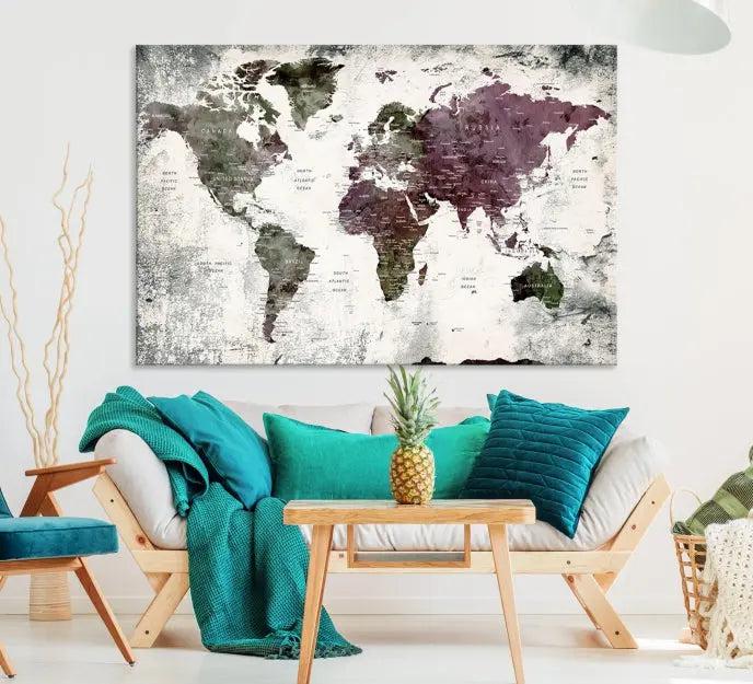 The "World Map Wall Art Canvas Print," designed on museum-quality canvas with a UV-protective coating, embellishes the dark wall. This ready-to-hang piece introduces an element of sophistication to the space.