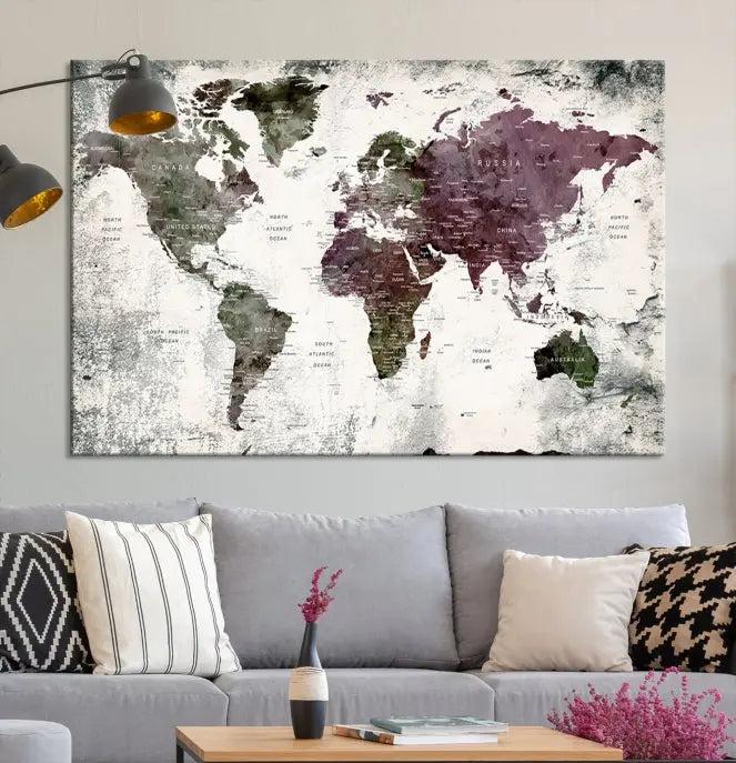 The "World Map Wall Art Canvas Print," designed on museum-quality canvas with a UV-protective coating, embellishes the dark wall. This ready-to-hang piece introduces an element of sophistication to the space.