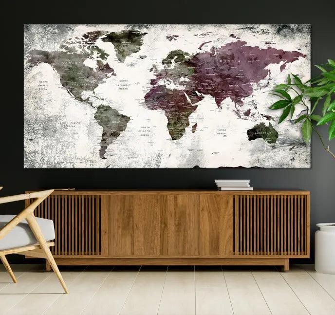 The "World Map Wall Art Canvas Print," designed on museum-quality canvas with a UV-protective coating, embellishes the dark wall. This ready-to-hang piece introduces an element of sophistication to the space.