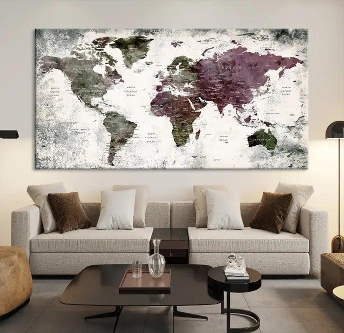 The "World Map Wall Art Canvas Print," designed on museum-quality canvas with a UV-protective coating, embellishes the dark wall. This ready-to-hang piece introduces an element of sophistication to the space.