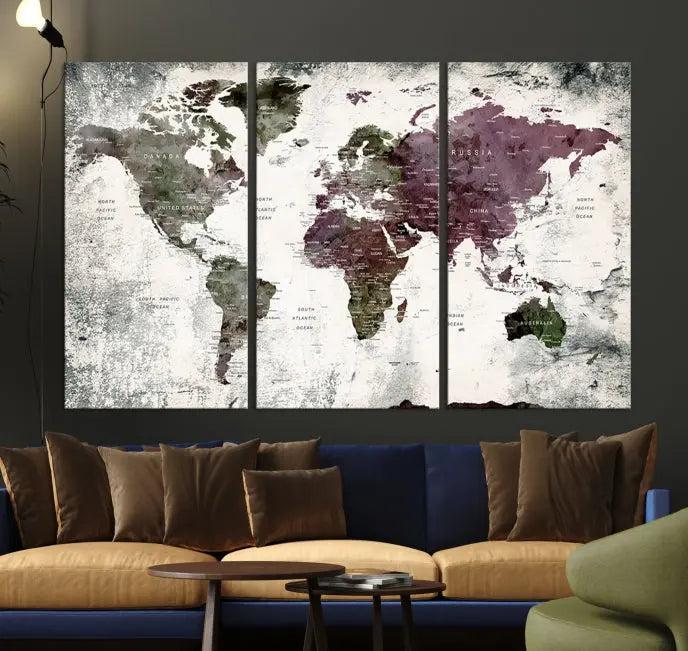 The "World Map Wall Art Canvas Print," designed on museum-quality canvas with a UV-protective coating, embellishes the dark wall. This ready-to-hang piece introduces an element of sophistication to the space.