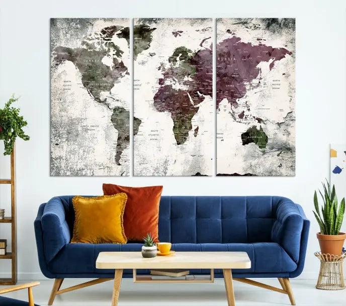 The "World Map Wall Art Canvas Print," designed on museum-quality canvas with a UV-protective coating, embellishes the dark wall. This ready-to-hang piece introduces an element of sophistication to the space.