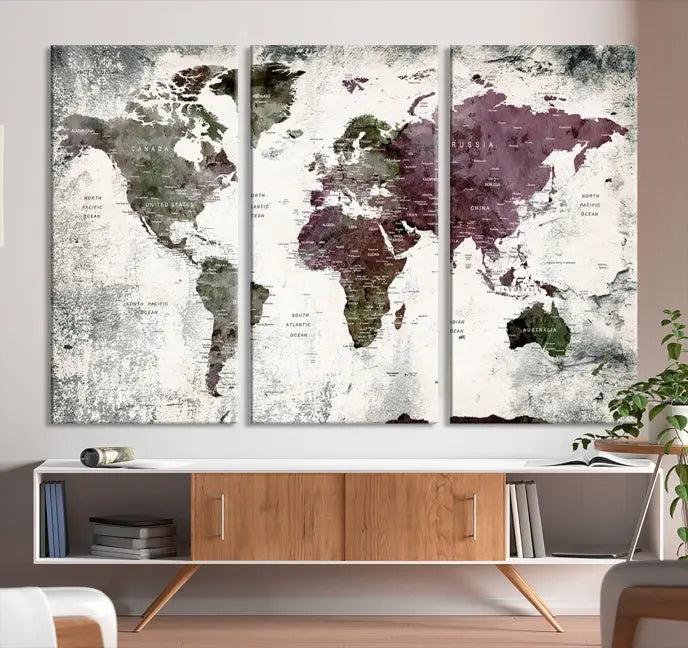 The "World Map Wall Art Canvas Print," designed on museum-quality canvas with a UV-protective coating, embellishes the dark wall. This ready-to-hang piece introduces an element of sophistication to the space.