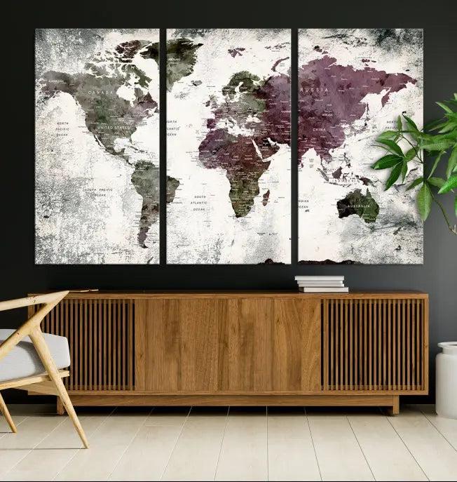 The "World Map Wall Art Canvas Print," designed on museum-quality canvas with a UV-protective coating, embellishes the dark wall. This ready-to-hang piece introduces an element of sophistication to the space.