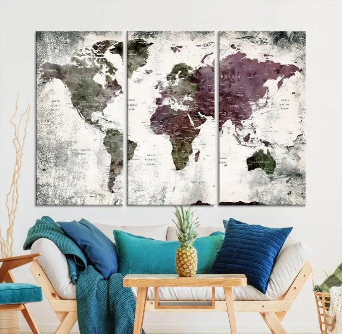 The "World Map Wall Art Canvas Print," designed on museum-quality canvas with a UV-protective coating, embellishes the dark wall. This ready-to-hang piece introduces an element of sophistication to the space.