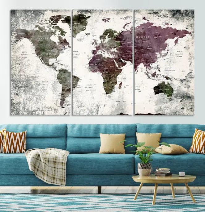 The "World Map Wall Art Canvas Print," designed on museum-quality canvas with a UV-protective coating, embellishes the dark wall. This ready-to-hang piece introduces an element of sophistication to the space.