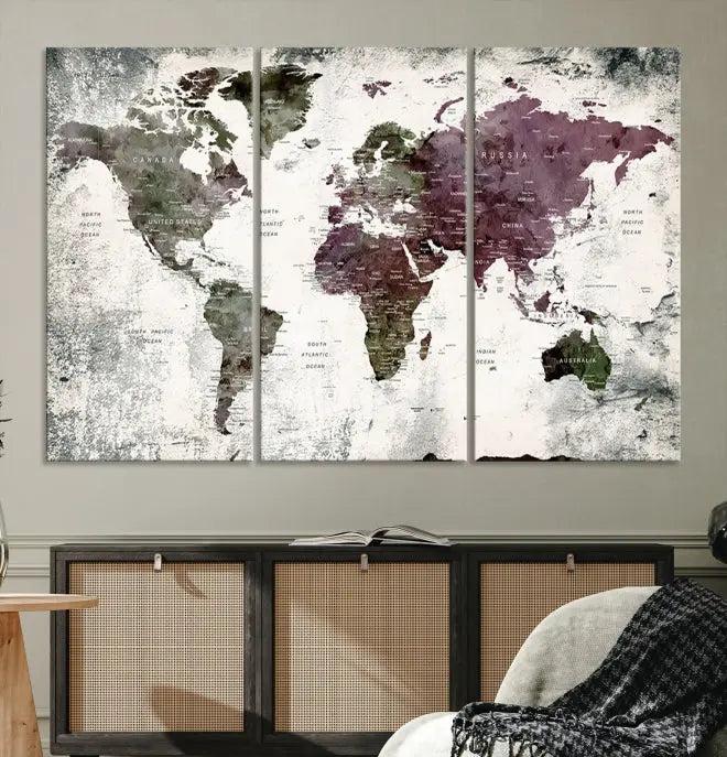 The "World Map Wall Art Canvas Print," designed on museum-quality canvas with a UV-protective coating, embellishes the dark wall. This ready-to-hang piece introduces an element of sophistication to the space.