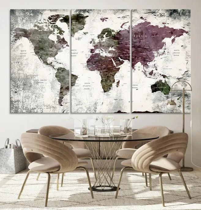 The "World Map Wall Art Canvas Print," designed on museum-quality canvas with a UV-protective coating, embellishes the dark wall. This ready-to-hang piece introduces an element of sophistication to the space.