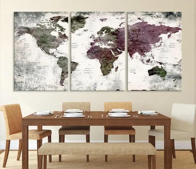 The "World Map Wall Art Canvas Print," designed on museum-quality canvas with a UV-protective coating, embellishes the dark wall. This ready-to-hang piece introduces an element of sophistication to the space.