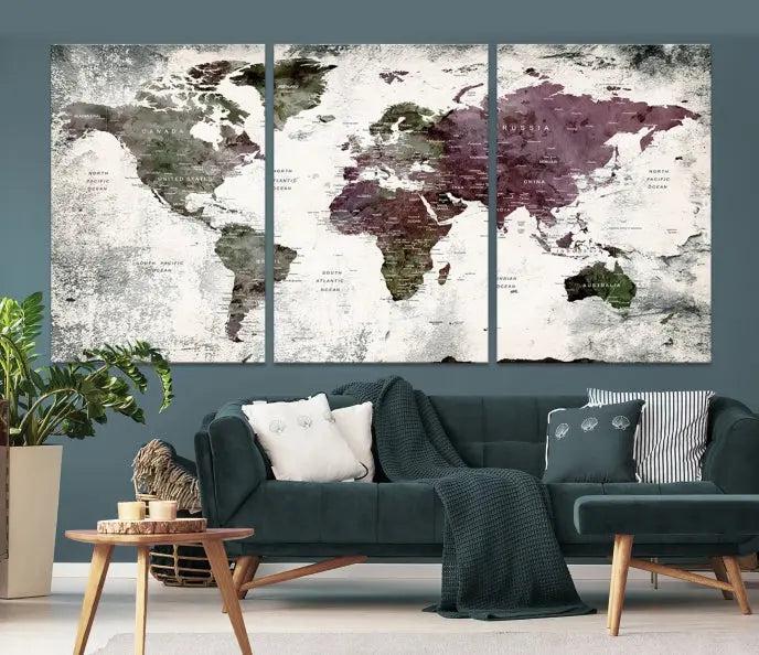 The "World Map Wall Art Canvas Print," designed on museum-quality canvas with a UV-protective coating, embellishes the dark wall. This ready-to-hang piece introduces an element of sophistication to the space.