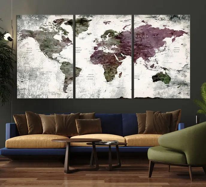 The "World Map Wall Art Canvas Print," designed on museum-quality canvas with a UV-protective coating, embellishes the dark wall. This ready-to-hang piece introduces an element of sophistication to the space.