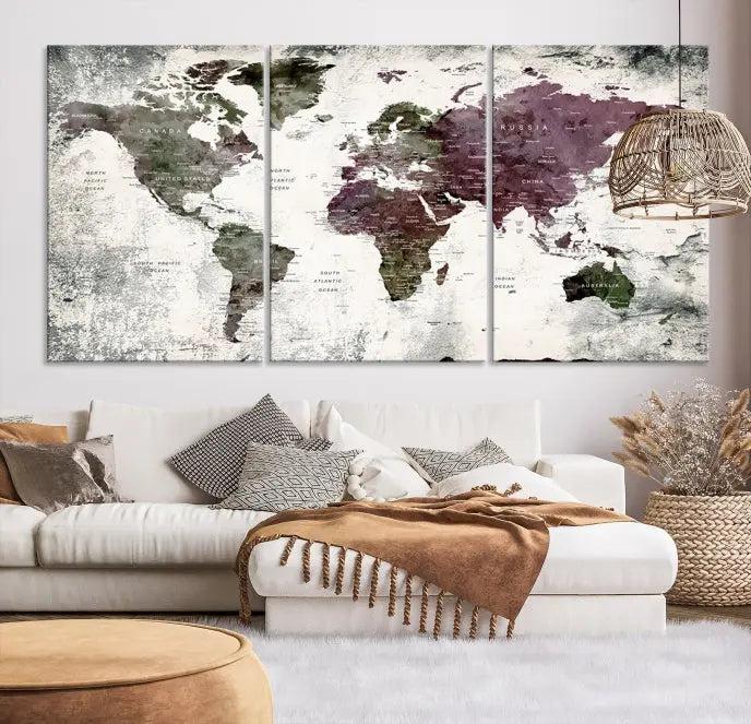 The "World Map Wall Art Canvas Print," designed on museum-quality canvas with a UV-protective coating, embellishes the dark wall. This ready-to-hang piece introduces an element of sophistication to the space.