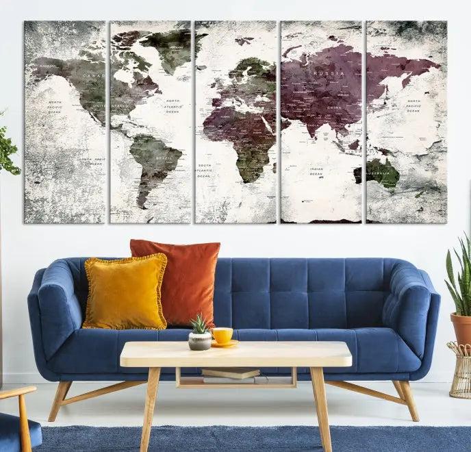 The "World Map Wall Art Canvas Print," designed on museum-quality canvas with a UV-protective coating, embellishes the dark wall. This ready-to-hang piece introduces an element of sophistication to the space.