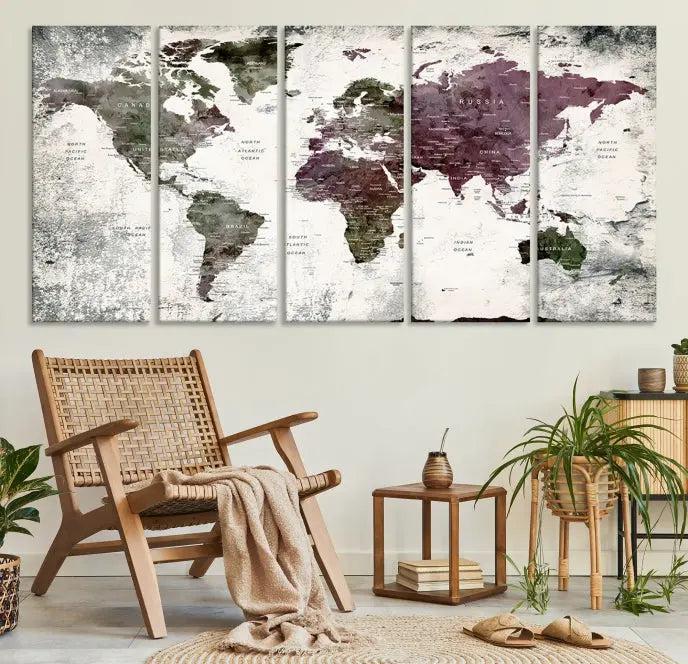 The "World Map Wall Art Canvas Print," designed on museum-quality canvas with a UV-protective coating, embellishes the dark wall. This ready-to-hang piece introduces an element of sophistication to the space.