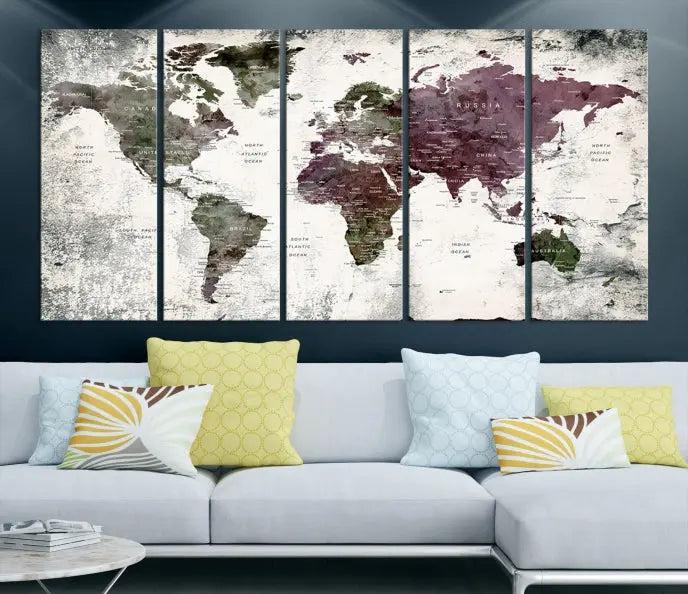 The "World Map Wall Art Canvas Print," designed on museum-quality canvas with a UV-protective coating, embellishes the dark wall. This ready-to-hang piece introduces an element of sophistication to the space.