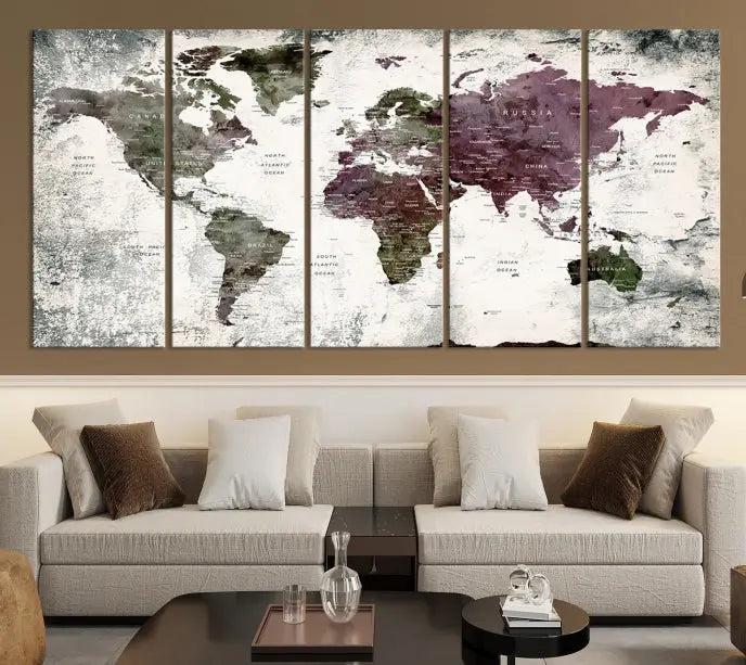 The "World Map Wall Art Canvas Print," designed on museum-quality canvas with a UV-protective coating, embellishes the dark wall. This ready-to-hang piece introduces an element of sophistication to the space.