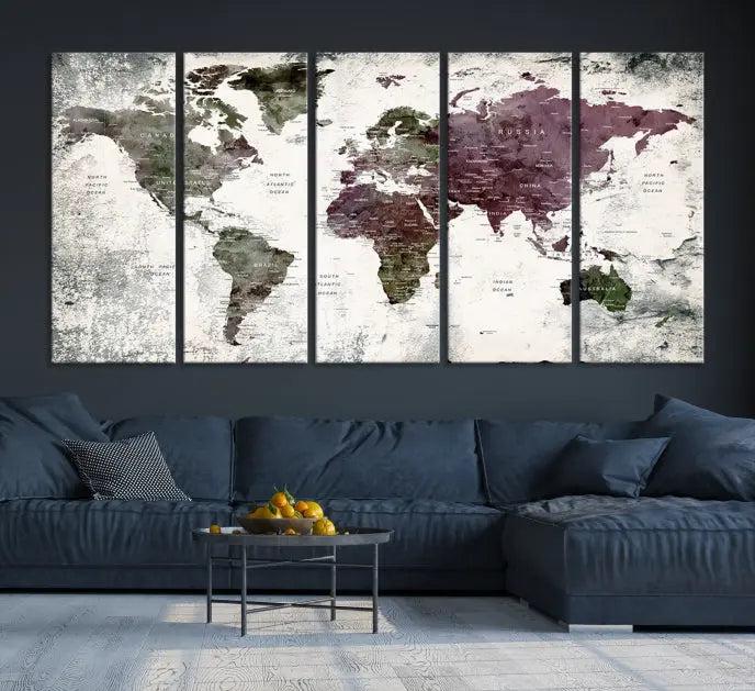 The "World Map Wall Art Canvas Print," designed on museum-quality canvas with a UV-protective coating, embellishes the dark wall. This ready-to-hang piece introduces an element of sophistication to the space.