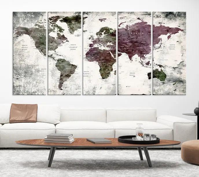 The "World Map Wall Art Canvas Print," designed on museum-quality canvas with a UV-protective coating, embellishes the dark wall. This ready-to-hang piece introduces an element of sophistication to the space.