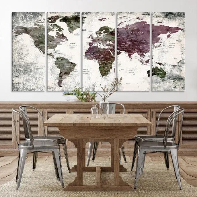 The "World Map Wall Art Canvas Print," designed on museum-quality canvas with a UV-protective coating, embellishes the dark wall. This ready-to-hang piece introduces an element of sophistication to the space.