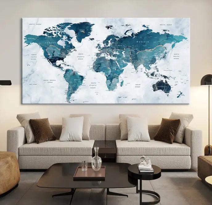 A World Map Wall Art Canvas Print, consisting of three panels and crafted on museum-quality canvas with a UV-protective coating, is showcased in the stylish living room.