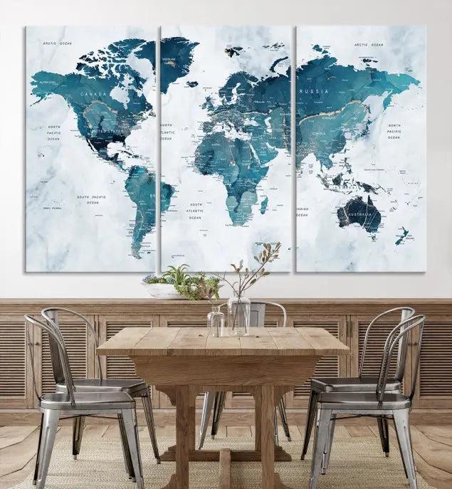 A World Map Wall Art Canvas Print, consisting of three panels and crafted on museum-quality canvas with a UV-protective coating, is showcased in the stylish living room.