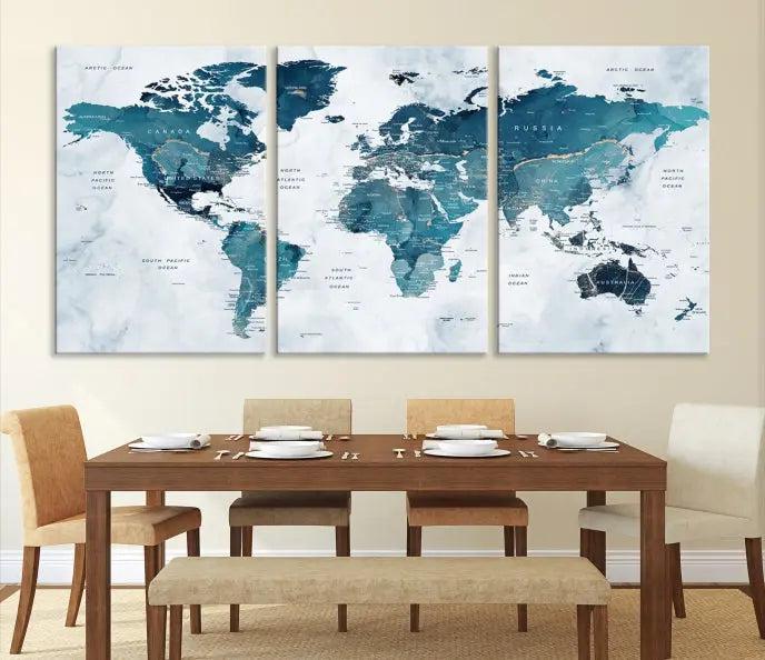 A World Map Wall Art Canvas Print, consisting of three panels and crafted on museum-quality canvas with a UV-protective coating, is showcased in the stylish living room.