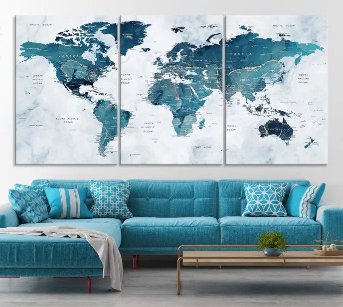 A World Map Wall Art Canvas Print, consisting of three panels and crafted on museum-quality canvas with a UV-protective coating, is showcased in the stylish living room.