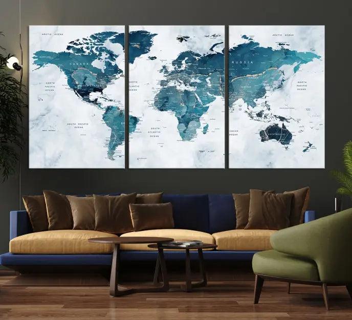 A World Map Wall Art Canvas Print, consisting of three panels and crafted on museum-quality canvas with a UV-protective coating, is showcased in the stylish living room.