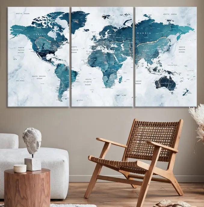 A World Map Wall Art Canvas Print, consisting of three panels and crafted on museum-quality canvas with a UV-protective coating, is showcased in the stylish living room.