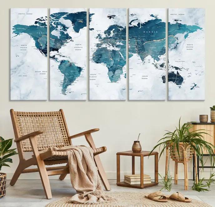 A World Map Wall Art Canvas Print, consisting of three panels and crafted on museum-quality canvas with a UV-protective coating, is showcased in the stylish living room.