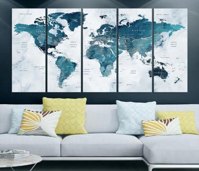 A World Map Wall Art Canvas Print, consisting of three panels and crafted on museum-quality canvas with a UV-protective coating, is showcased in the stylish living room.