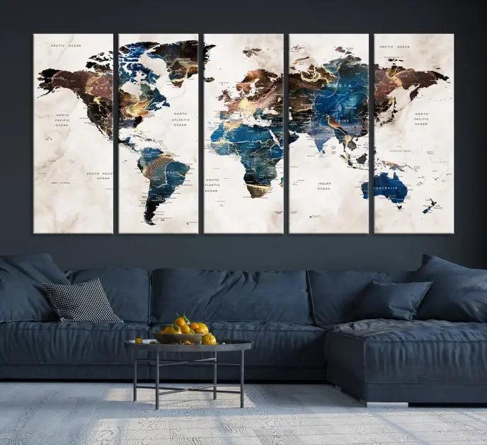 A striking three-panel World Map Wall Art Canvas Print, crafted by a skilled artisan, adorns the wall in this modern living room. This piece, printed on museum-quality canvas with a UV-protective coating, combines elegance and longevity.