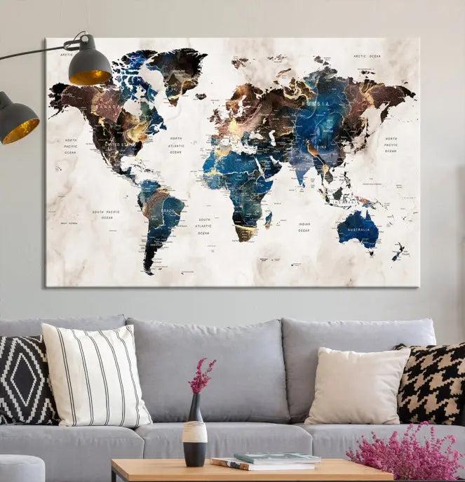 A striking three-panel World Map Wall Art Canvas Print, crafted by a skilled artisan, adorns the wall in this modern living room. This piece, printed on museum-quality canvas with a UV-protective coating, combines elegance and longevity.