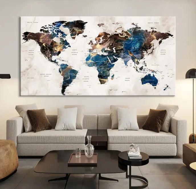 A striking three-panel World Map Wall Art Canvas Print, crafted by a skilled artisan, adorns the wall in this modern living room. This piece, printed on museum-quality canvas with a UV-protective coating, combines elegance and longevity.