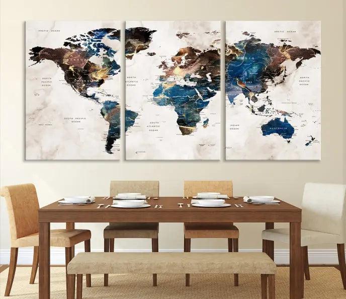 A striking three-panel World Map Wall Art Canvas Print, crafted by a skilled artisan, adorns the wall in this modern living room. This piece, printed on museum-quality canvas with a UV-protective coating, combines elegance and longevity.