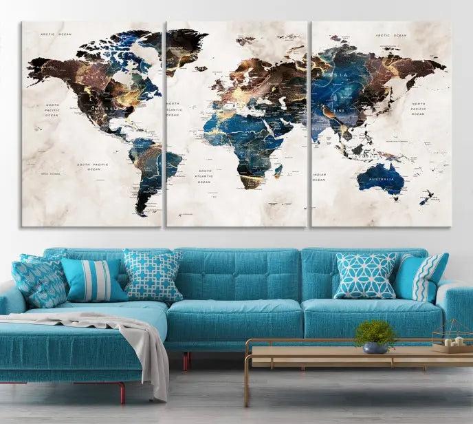 A striking three-panel World Map Wall Art Canvas Print, crafted by a skilled artisan, adorns the wall in this modern living room. This piece, printed on museum-quality canvas with a UV-protective coating, combines elegance and longevity.