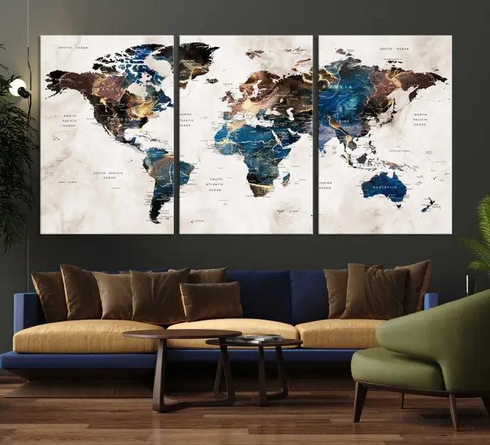 A striking three-panel World Map Wall Art Canvas Print, crafted by a skilled artisan, adorns the wall in this modern living room. This piece, printed on museum-quality canvas with a UV-protective coating, combines elegance and longevity.