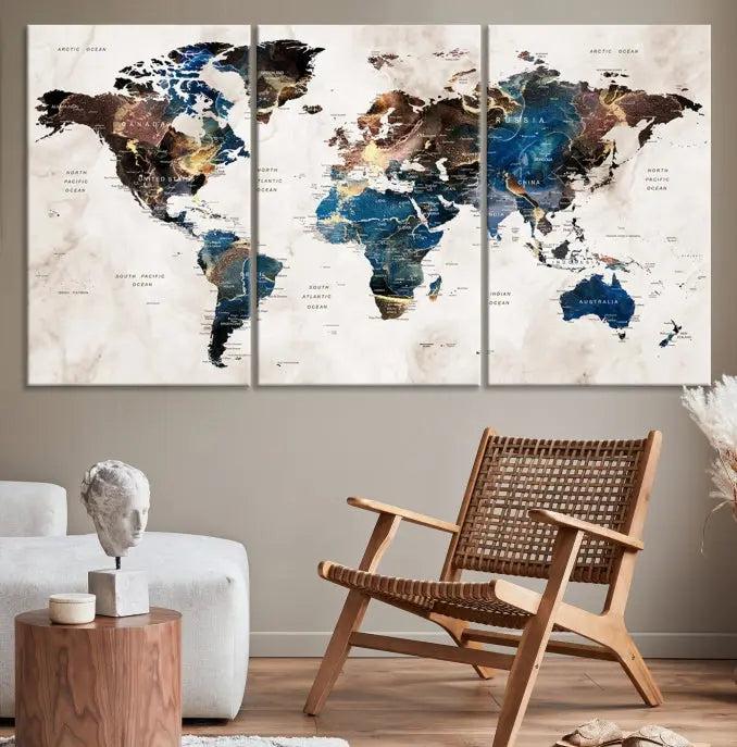 A striking three-panel World Map Wall Art Canvas Print, crafted by a skilled artisan, adorns the wall in this modern living room. This piece, printed on museum-quality canvas with a UV-protective coating, combines elegance and longevity.