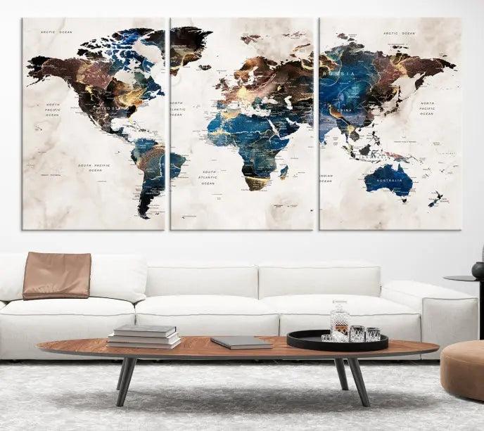 A striking three-panel World Map Wall Art Canvas Print, crafted by a skilled artisan, adorns the wall in this modern living room. This piece, printed on museum-quality canvas with a UV-protective coating, combines elegance and longevity.