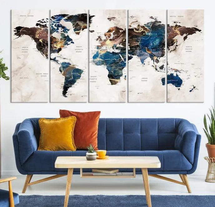 A striking three-panel World Map Wall Art Canvas Print, crafted by a skilled artisan, adorns the wall in this modern living room. This piece, printed on museum-quality canvas with a UV-protective coating, combines elegance and longevity.