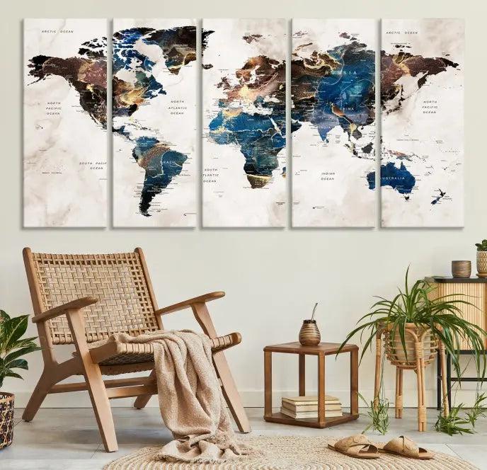 A striking three-panel World Map Wall Art Canvas Print, crafted by a skilled artisan, adorns the wall in this modern living room. This piece, printed on museum-quality canvas with a UV-protective coating, combines elegance and longevity.