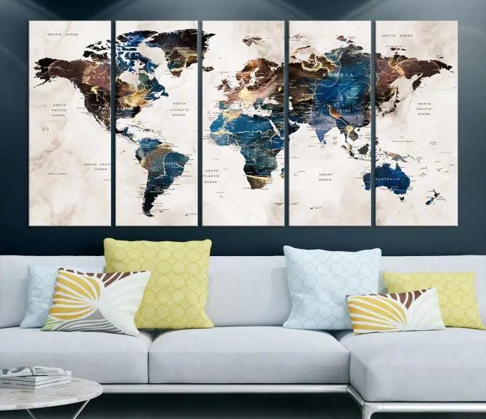 A striking three-panel World Map Wall Art Canvas Print, crafted by a skilled artisan, adorns the wall in this modern living room. This piece, printed on museum-quality canvas with a UV-protective coating, combines elegance and longevity.