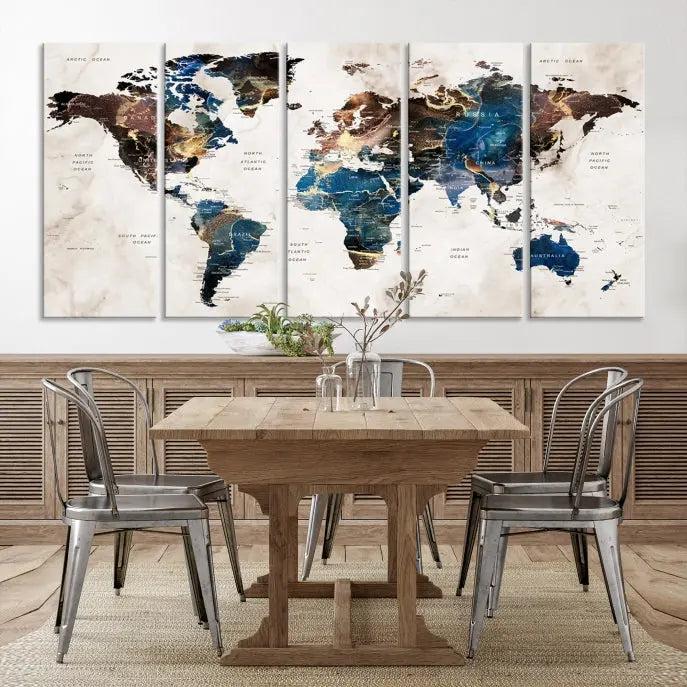 A striking three-panel World Map Wall Art Canvas Print, crafted by a skilled artisan, adorns the wall in this modern living room. This piece, printed on museum-quality canvas with a UV-protective coating, combines elegance and longevity.