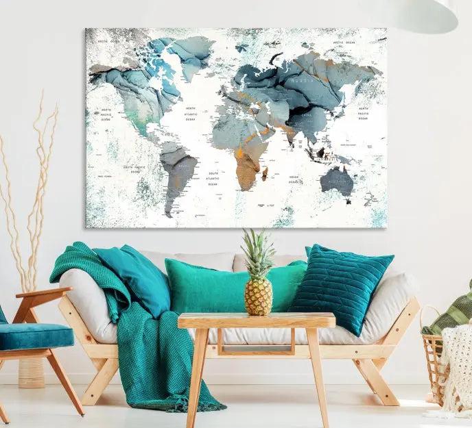 A *World Map Wall Art Canvas Print* featuring three panels is displayed on a dark wall. Crafted with museum-quality canvases and UV-protective coating for durability, this timeless piece is ready to enhance any room.