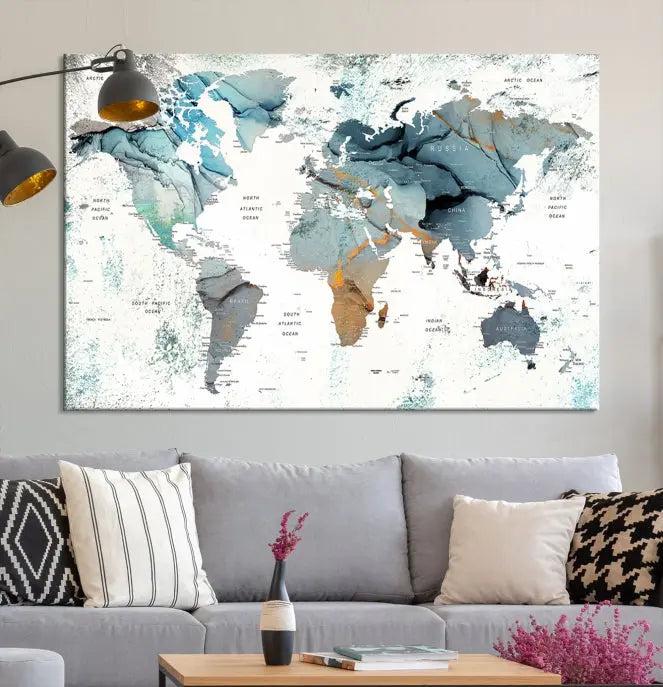 A *World Map Wall Art Canvas Print* featuring three panels is displayed on a dark wall. Crafted with museum-quality canvases and UV-protective coating for durability, this timeless piece is ready to enhance any room.