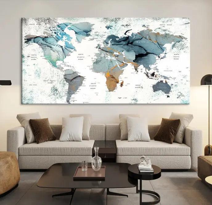 A *World Map Wall Art Canvas Print* featuring three panels is displayed on a dark wall. Crafted with museum-quality canvases and UV-protective coating for durability, this timeless piece is ready to enhance any room.