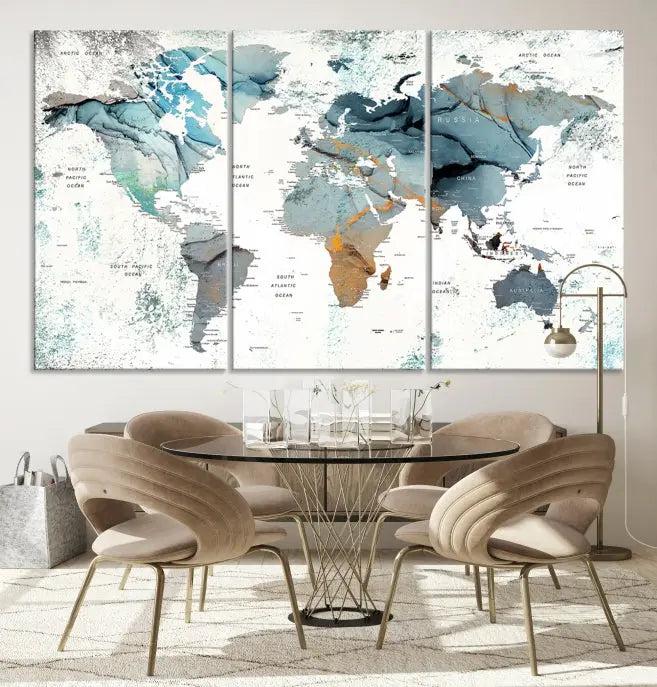 A *World Map Wall Art Canvas Print* featuring three panels is displayed on a dark wall. Crafted with museum-quality canvases and UV-protective coating for durability, this timeless piece is ready to enhance any room.