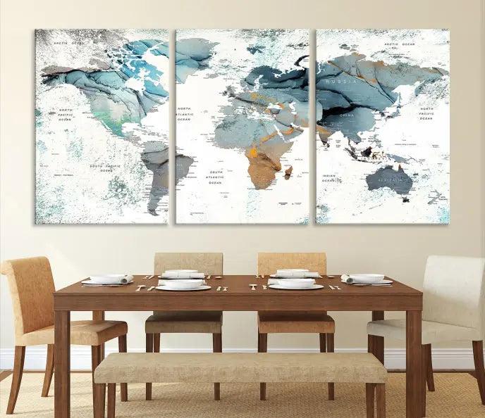 A *World Map Wall Art Canvas Print* featuring three panels is displayed on a dark wall. Crafted with museum-quality canvases and UV-protective coating for durability, this timeless piece is ready to enhance any room.