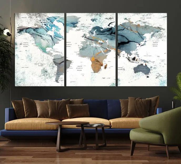 A *World Map Wall Art Canvas Print* featuring three panels is displayed on a dark wall. Crafted with museum-quality canvases and UV-protective coating for durability, this timeless piece is ready to enhance any room.